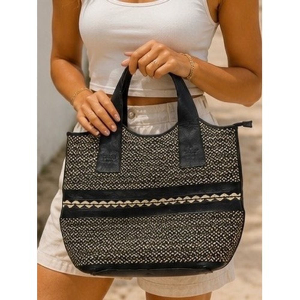 Majo Woven Leather Tote Bag Black Beige Geometric Shoulder Bag Handcrafted